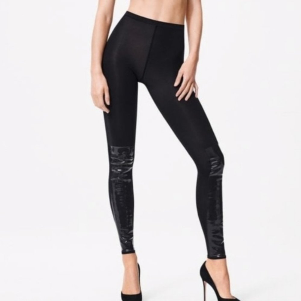 New with Tag- WOLFORD Black Barbara Patent Panel Leggings-Medium